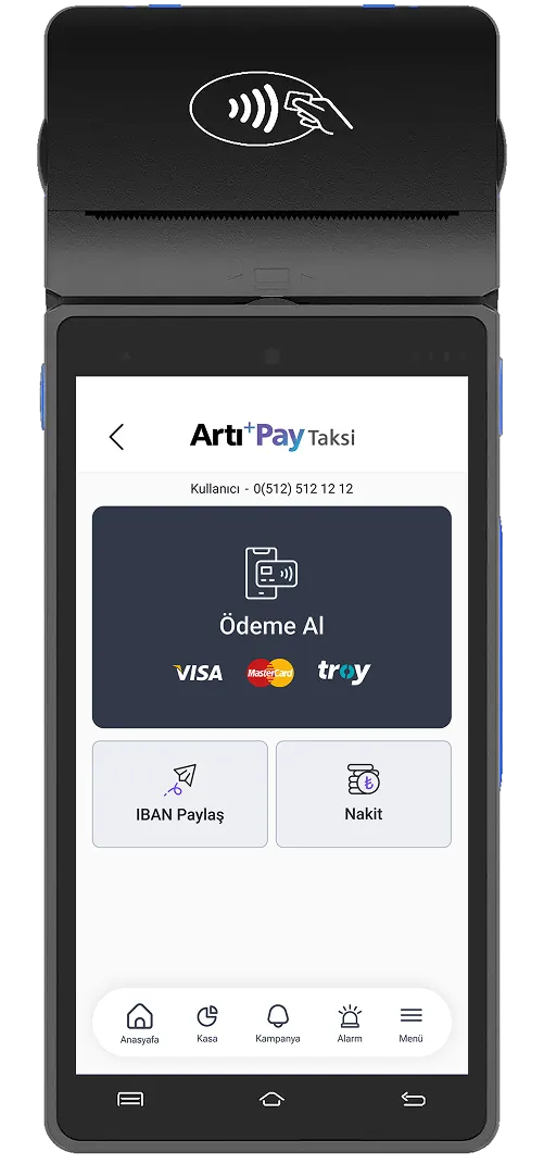 Fiş yazıcılı dokunmatik POS cihazı, ödeme ekranı açık