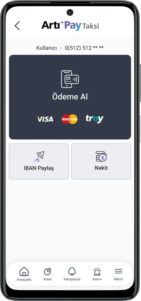 Telefon ekranında ödeme seçenekleri: Ödeme Al, IBAN Paylaş ve Nakit