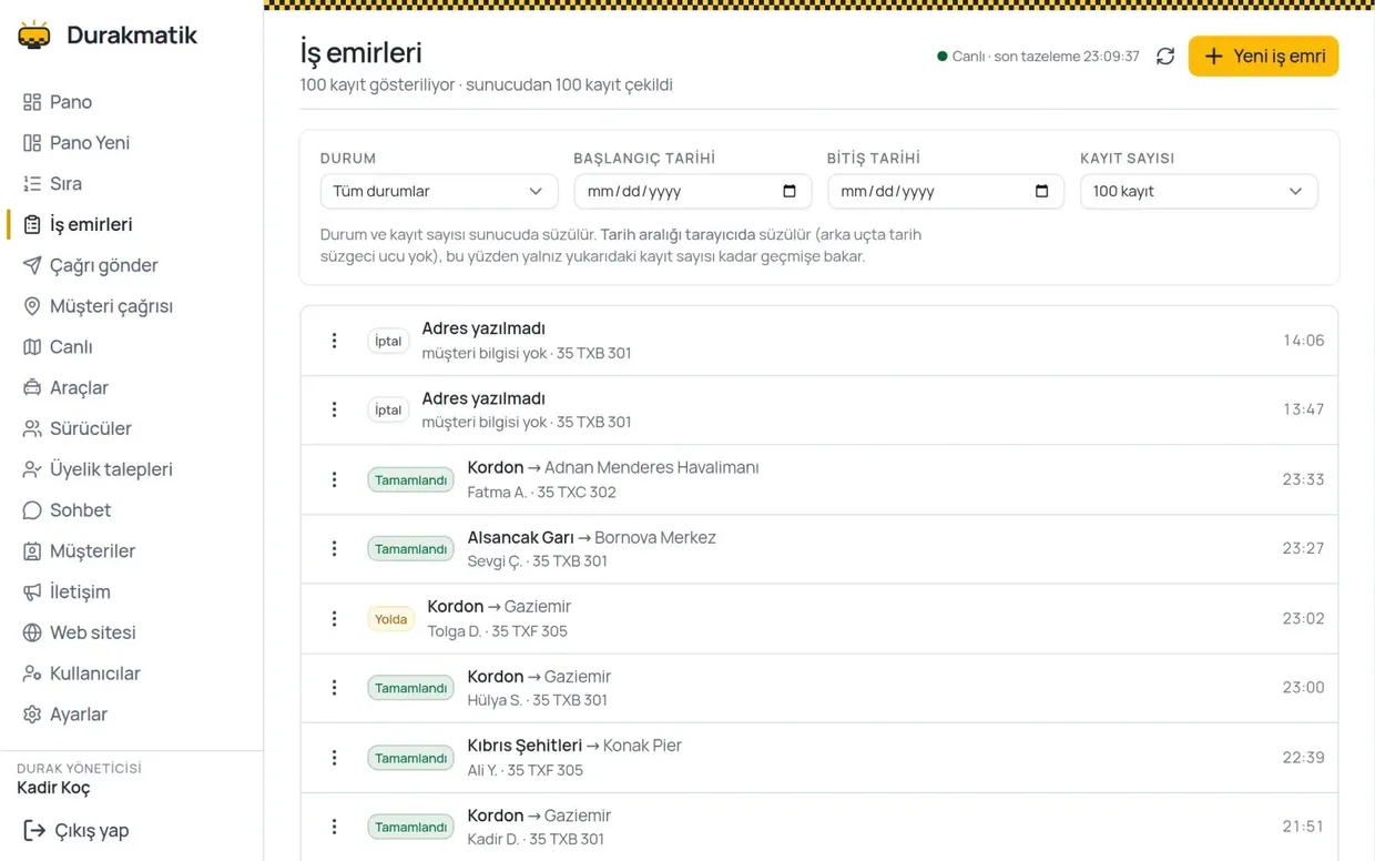 Panel ekranında durum ve tarih süzgeçleri, altında tamamlandı, yolda ve iptal durumundaki işlerin nereden nereye, hangi araç ve hangi saat bilgisiyle listesi