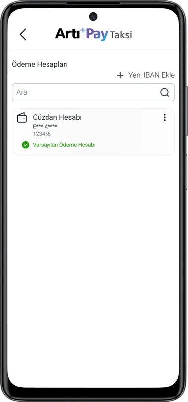 Ödeme hesapları ekranında varsayılan cüzdan hesabının işaretli olması