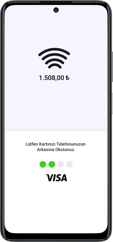 Kartın telefonun arkasına okutulmasını bekleyen temassız ödeme ekranı